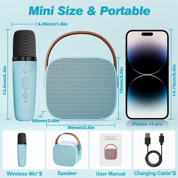 Karaoke-maskin för barn med 2 trådlösa mikrofoner, bärbar Bluetooth-högtalare, presentleksaker för flickor och pojkar födelsedag Blue 2 Mic