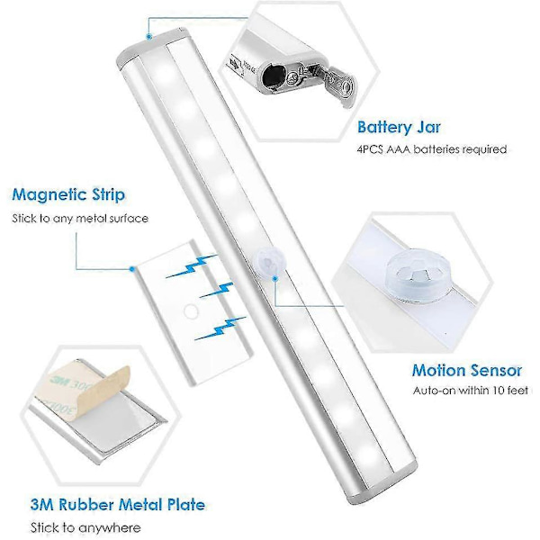 Rörelsesensor Ljusramp, (10 LED, 3-pack) Trådlös Garderobslampa