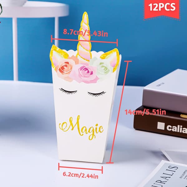 12 stk. Unicorn Popcorn Box, Børnefødselsdag Pap Candy Gaveæske
