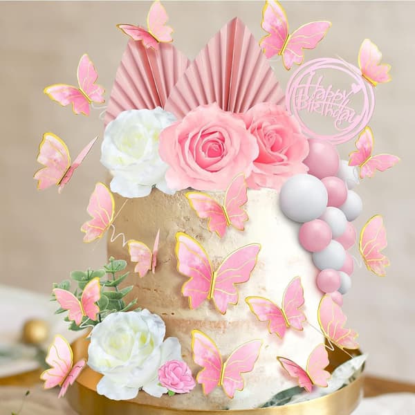 Kakepynt Svart Gull Bursdagskakepynt med Kunstige Palmblader og Kuler Baking Dessert Dekorasjon Tilbehør (Rosa)