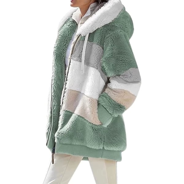 Grøn XL størrelse Efterår/vinter varm plys patchwork lynlåslomme hætte løs frakke green XL