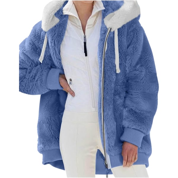 Hettejakke Dame Teddy Fleece Frakk Overgangsjakke med Hette med Lommer Glidelås Høst Vinter Plysj Jakke Fleece Jakke Vinter XXL B Blue