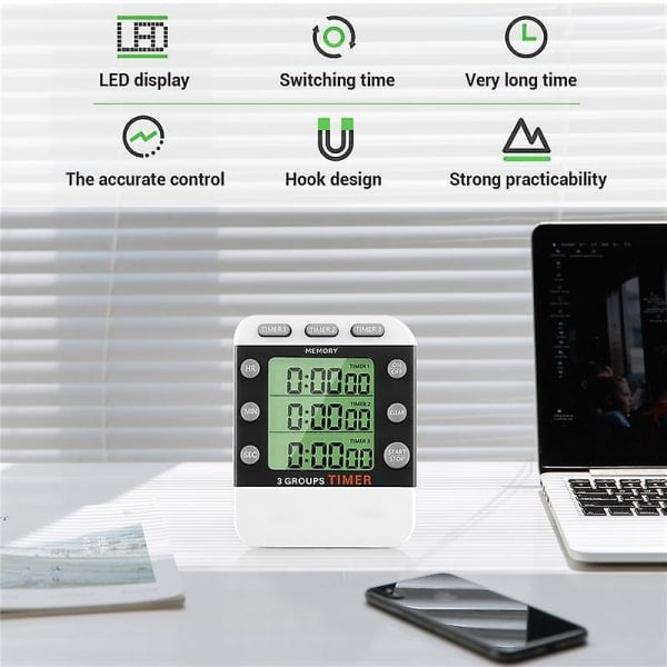 Digitalt dobbelt køkkenur, 3-kanals op/ned timer, tredobbelt madlavningstimer, display, høj lydstyrke alarm, egnet til forskellige scenarier