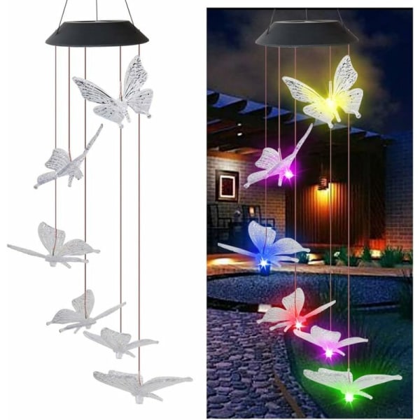 Solar Butterfly Wind Chime Lamp (Transparent Color Butterfly (6 fargerike perler) Solar Butterfly Wind Chime Lamp) vit