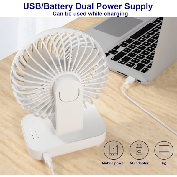 Bordventilator 4 Hastigheder Støjsvag 90° Variabel Mini Bordventilator USB Genopladelig Perfekt til Soveværelse (Hvid)