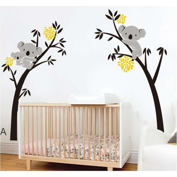 Dark Gray Tree + Light Grizzly Bear + Yellow Flower Tree and Koala Bear Wall Decal Large Background Sticker for Home and