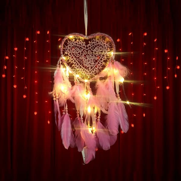 Fjærdrømmefanger, Fjærdrømmefanger med LED-lys, Hjerteform (0077BCD rosa 15cm)