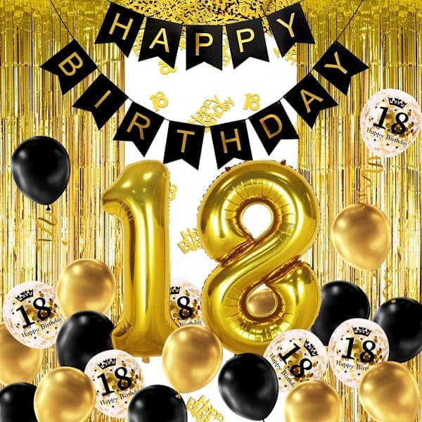 18 års svart gull bursdagsdekorasjon, gratulerer med dagen banner, h