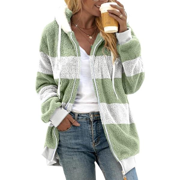 Hættejakke til kvinder Teddy Fleece Frakke Overgangsjakke med hætte med lommer lynlås efterår vinter plysjakke fleecejakke vinter XL F Green