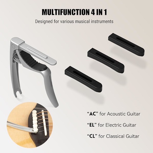 Gitarr capo, 4-i-1 capo med extraktor för bro stift, capo för akustisk elektrisk klassisk gitarr, 3 silikonhuvuden, silver silver