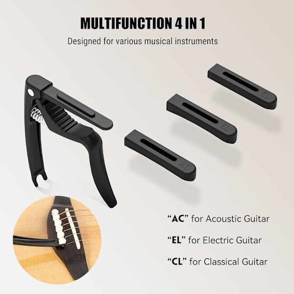 4-i-1 Capo för gitarr med extraktor för stallpinnar, capo för akustisk, elektrisk, klassisk gitarr, bas, ukulele, banjo, mandolin, svart Gold