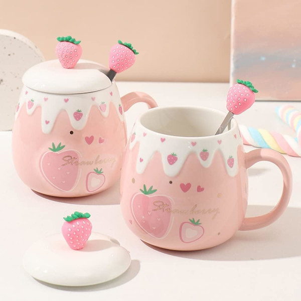 Söpö mansikkamuki, vaaleanpunainen kahvimuki, keraaminen kawaii-kuppi, aamutee, maito, hedelmäkuppi, suloinen kansi, ruostumatonta terästä rakastajille, tytölle, 500 ml (B) B