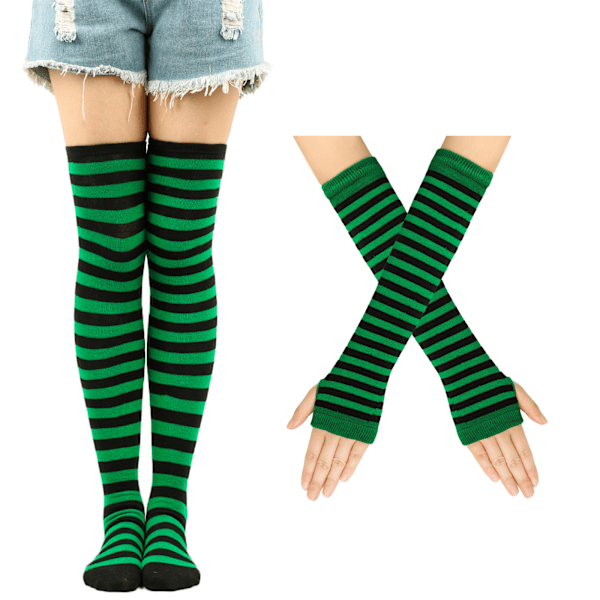 Långa Stickade Vantar Knähöga Randiga Strumpor Leggings Party Kostym Tillbehör 2 Par Set, Svart och Lila, One Size Turkos