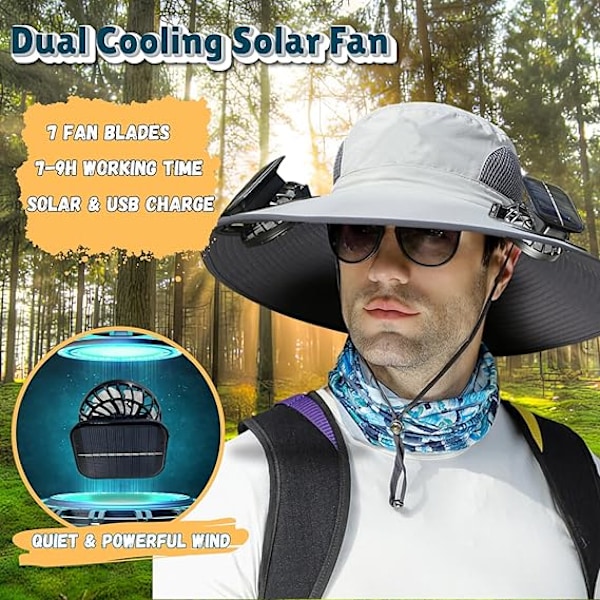 Udendørs Bredskygget Solhat med 2 Solcelleventilatorer Sol Bucket Hat til Mænd Kvinder UPF 50+ Bucket Fiske- & Strandhat med Indbygget Ventilator light Gray
