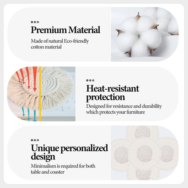 Pakke med 5 håndlavede Macrame Bomulds coasters, absorberende coasters til sidebord, boheme coastersæt