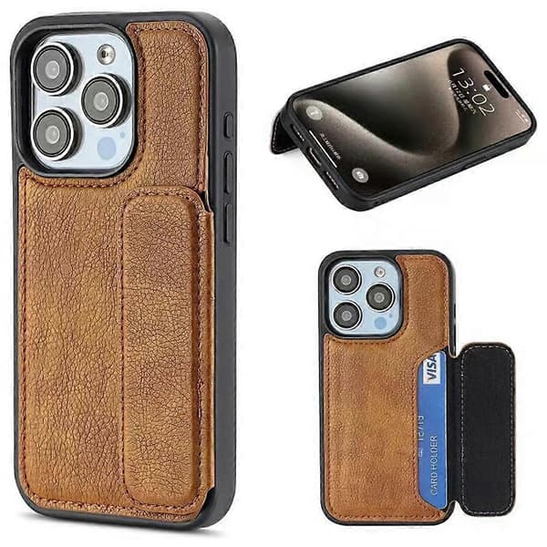 Lær+TPU Kort Holder Telefondeksel for iPhone 15 Pro