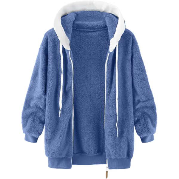 Hættejakke til kvinder, Teddy Fleece-frakke, Overgangsjakke med hætte og lommer, lynlås, efterår, vinter, plysjakke, fleecejakke, vinter 3XL B Blue