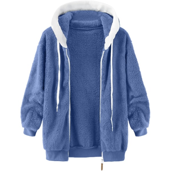 Hettejakke Dame Teddy Fleece Frakk Overgangsjakke med Hette med Lommer Glidelås Høst Vinter Plysj Jakke Fleece Jakke Vinter M B Blue