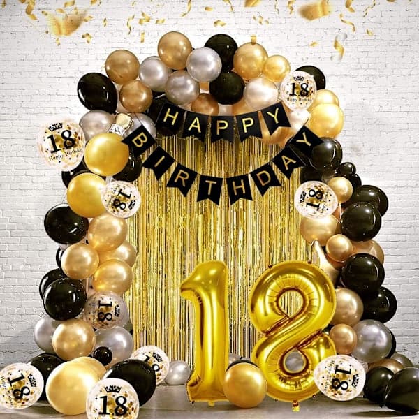 18 års svart gull bursdagsdekorasjon, gratulerer med dagen banner, h