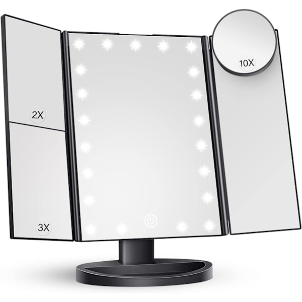 (Kampagne) Makeup Spejl med Lys, 2X 3X 10X Forstørrelse, Belyst Spejl, Touch Kontrol, Trefoldig Dobbelt Strømforsyning, Bærbar LED (Sort)
