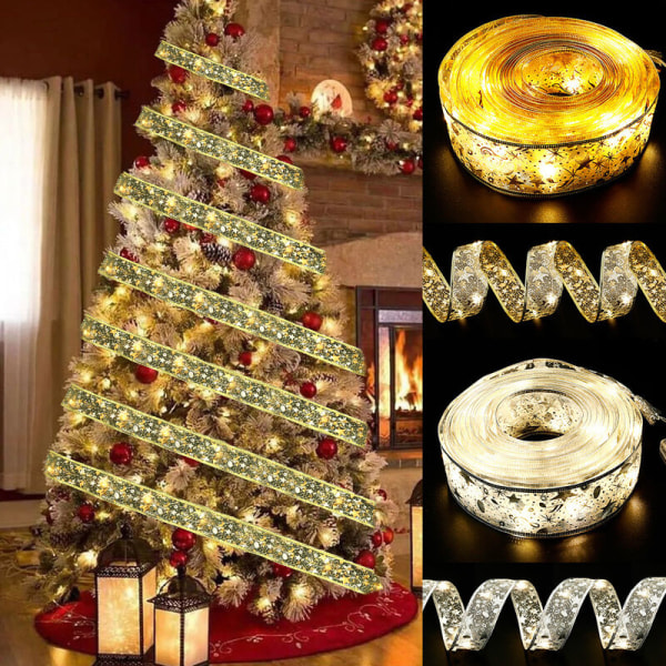 Glitter juletrebånd til juletrepynt LED lyskrans (gullbånd (varmt lys) 10m) vit