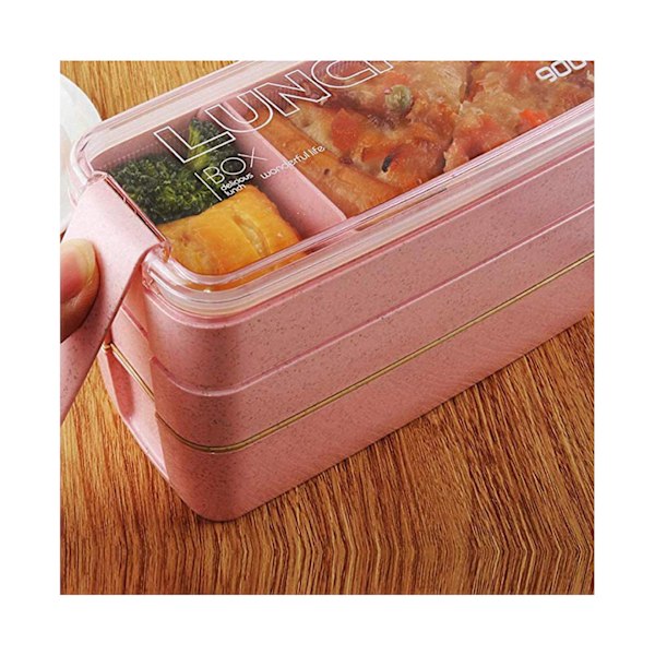 Bento Matboks, 3-i-1 Rom Inndelt Stablebar Bento Boks, Matbeholder av Hvetestrå med Bestikk, BPA-fri, Mikrobølgesikker - Rosa