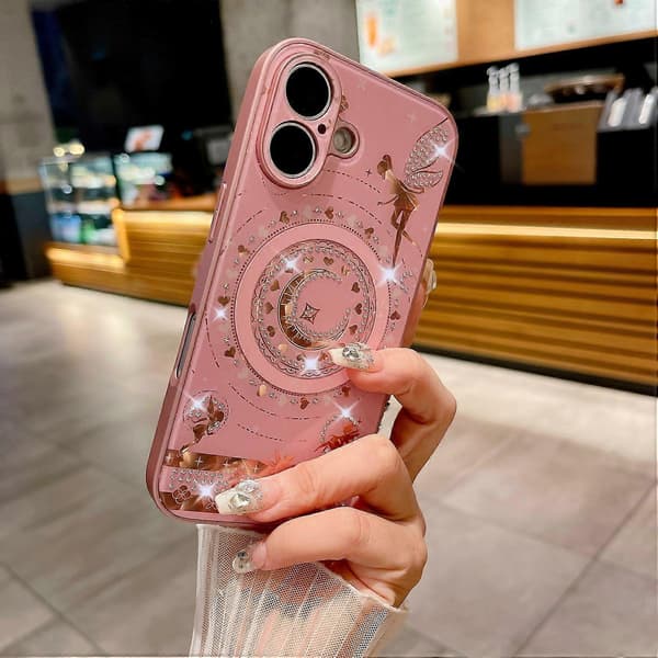 Magnetisk deksel til iPhone 16, stjerne- og månemønster, rhinsteinsdekor, TPU+PC-telefondeksel