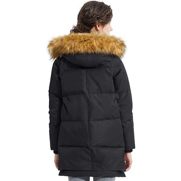 Kvinnors tjocka dunjacka Parka med huva Lång pufferjacka för vintern L Black+Fur Trim