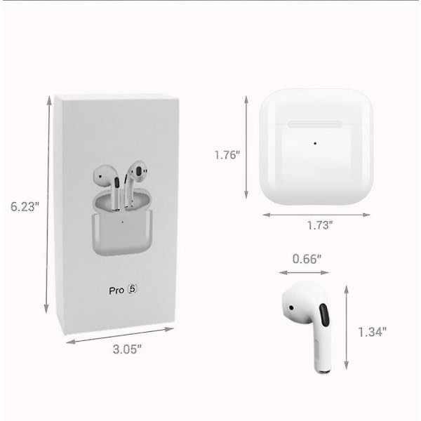 Pro 5 iPhone og Android-kompatible bluetooth-øretelefoner, trådløse bluetooth-øretelefoner, lette å bære, hvit