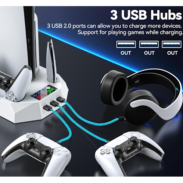 PS5/Slim/Pro konsoll universell kjølevifte base multifunksjon to-i-ett håndtak direkte plugg lading med hodetelefonholder white