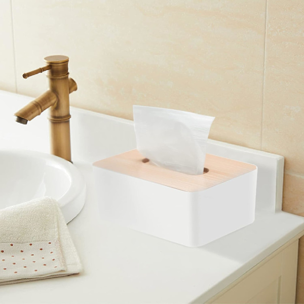 Servetthållare med lock i bambu, servetthållare, rektangulär servettdispenserlåda för badrum, kök, vardagsrum, kontor, bil, 21x13x10cm (vit)