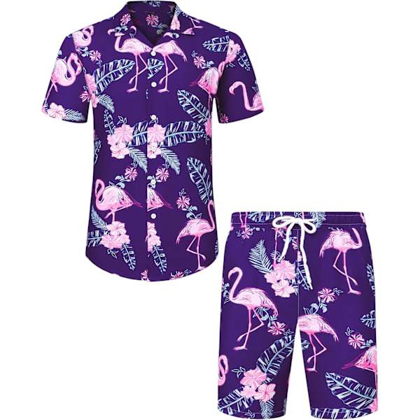 Herre Hawaii skjorte og shorts sett Regular Fit Kort Ermet Casual Funky Strand Flamingo Skjorte Sett XXL Purple Flamingo