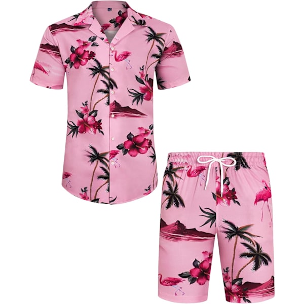 Herresæt med Hawaii-skjorte og shorts - Regular Fit - Kortærmet - Casual Funky Strand Flamingo Skjorte Sæt XL Pink Flamingo Beach