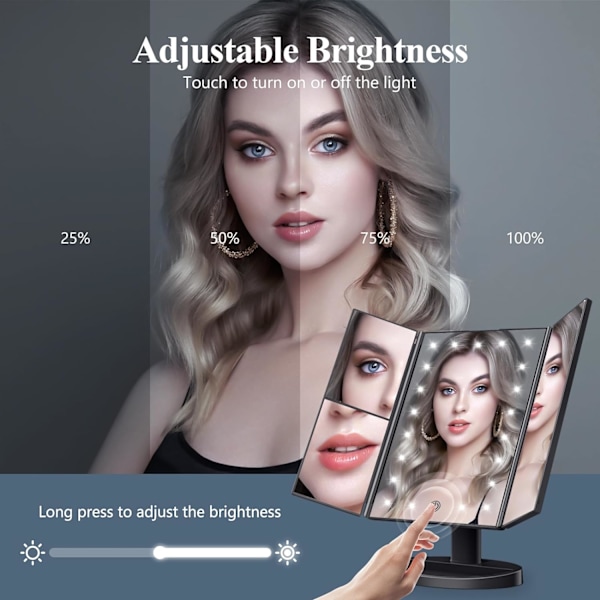 (Kampanj) Smink Spegel Toalettbord med Ljus, 2X 3X 10X Förstoring, Upplyst Spegel, Touchkontroll, Tri-Fold Dubbel Strömförsörjning, Bärbar LED (Svart)