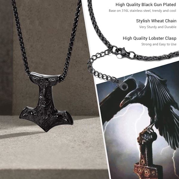 Thorin Mjolnir-vasara riipusriipus, pohjoismainen viikinkikirves piikikettulla, ruostumaton teräs 01. Negro