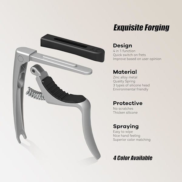 4-in-1-kitarakapula, kapula, jossa on tallapoistaja, akustisten, sähköisten ja klassisten kitaroiden kapulat, 3 silikonipäätä, hopea silver