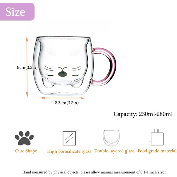 Bjørnekop Søde krus til kvinder Glas Dobbeltvægget isolerede glas Espresso kop, Kaffe kop, Tekop, Mælkekop, Bedste gave Purple Cat