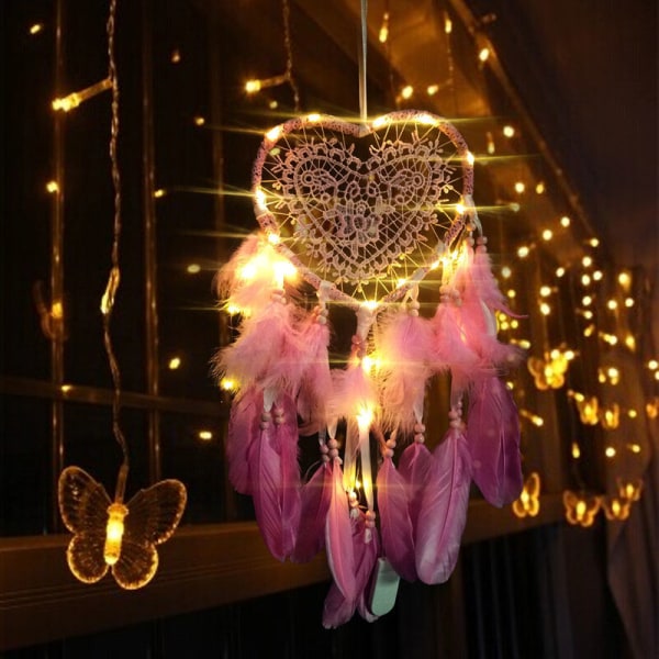 Feather Dreamcatcher, Feather Dreamcatcher med LED-ljus, Hjärtform (0077BCD rosa 15cm) vit