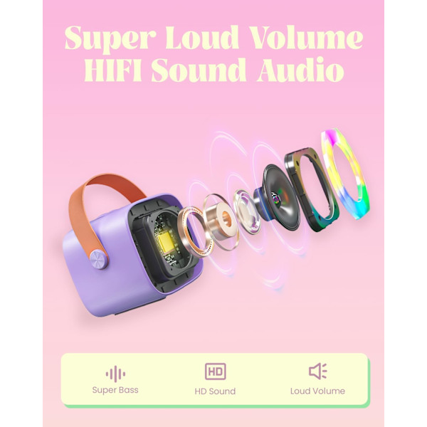 Karaokemaskin för barn med 2 trådlösa mikrofoner, bärbar Bluetooth-högtalare, presentleksaker för flickor och pojkar födelsedag Purple 2 Mic K15