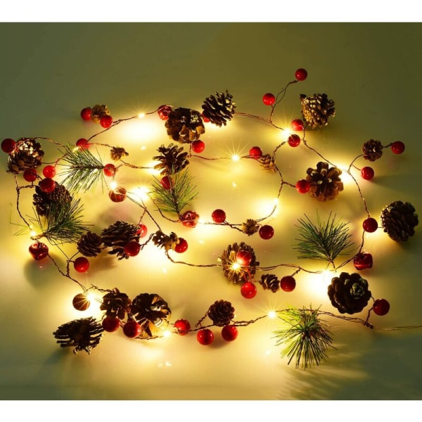 Joulumarja ja holly seppele LED valoseppele joulukoristeita (monimutkainen pinjansiemen 2 metrin 20 valon akkulaatikko) vit