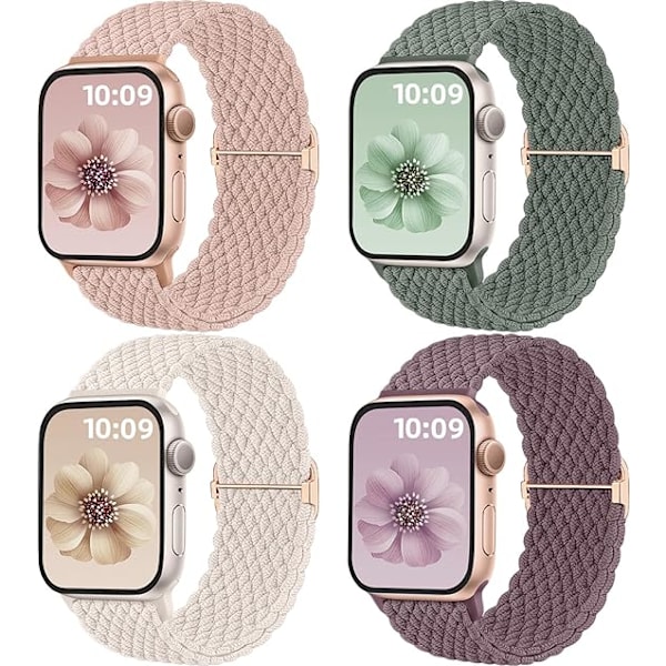 4 kpl Solo Loop -punotut rannekkeet Apple Watchille, yhteensopiva 40 mm, 41 mm, 38 mm, 42 mm, naisille ja miehille, joustava ranneke, urheilullinen ranneke Smoke violet/green/starlight/pink 38/40/41/42mm