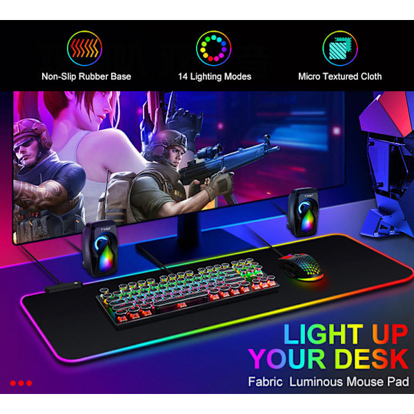 Gaming Mousepad med LED-lys - RGB - Vælg Størrelse - Sort - 14 Tilstande - Tyk Anti-slip 250*300*4MM