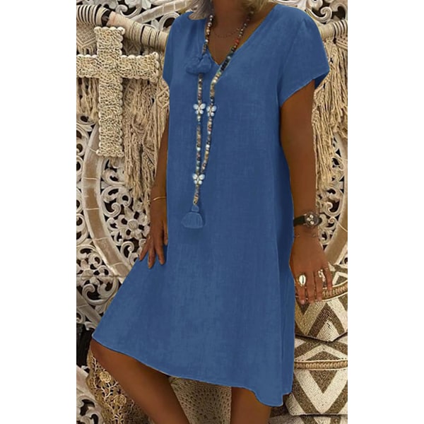 Damekjole Sommer Linskjoler Casual V-hals Midi Kjole Kort Erm A-linje Kjole Sommerkjole Tunikakjole Uten Tilbehør (Halskjede ikke inkludert) A Blue XXL