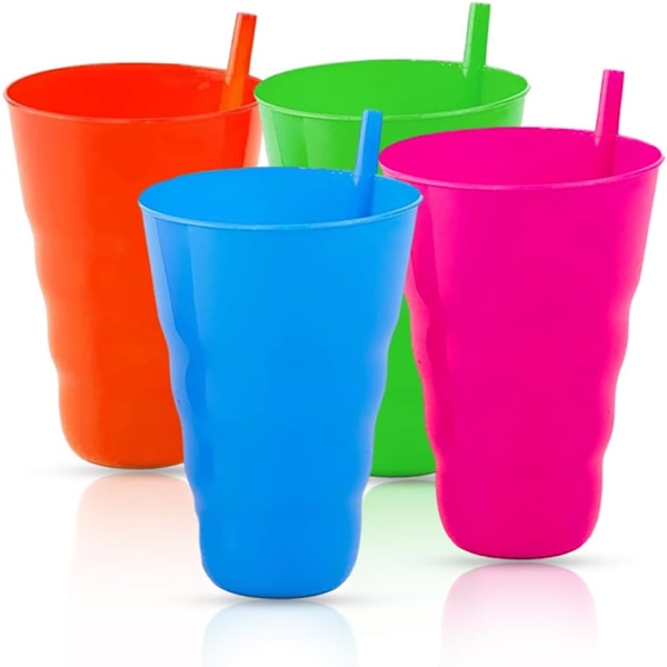 Dricksglas Set - Plastglas med Sugrör - Perfekt för Barns Drycker - 4-pack [ Blandade Färger ]