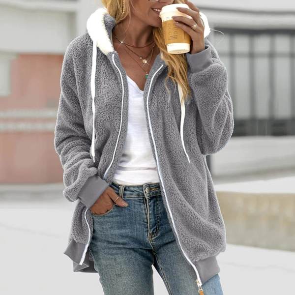 Hættejakke til kvinder Teddy Fleece Frakke Overgangsjakke med hætte med lommer lynlås efterår vinter plysjakke Fleecejakke vinter 4XL B Grey