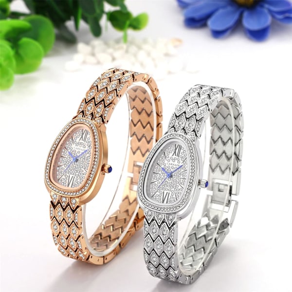 Dame Is med Diamanter Rhinestone Ur, Simpel Kvarts Analog Kjole Ur til Jul Rosegold-oval