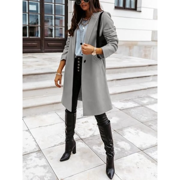 Lysegrå S-kode efterår vinter ensfarvet revers mellemlang knapfrakke frakke kvinde Light grey S
