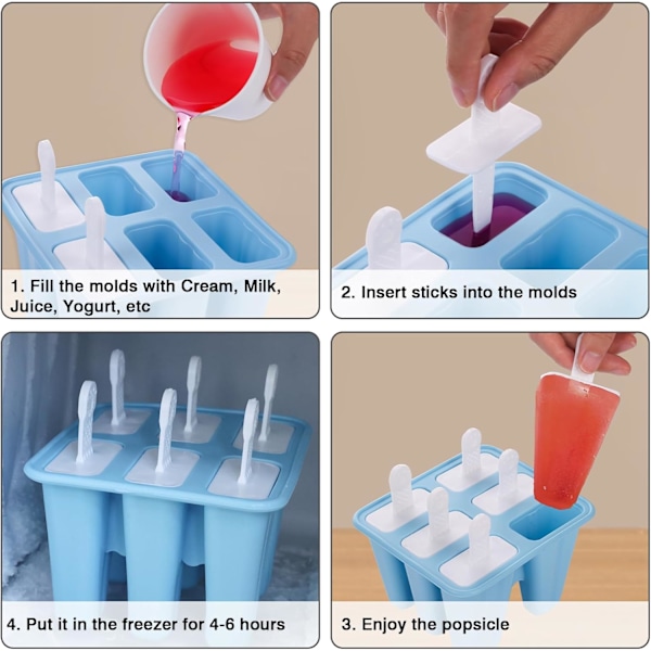 Jäätelömuotti, 6 onteloinen BPA-vapaa silikonijäätelömuotti, DIY-jäätelömuotti 1 taittuvalla suppilolla ja 1 puhdistusharjalla - sininen blue 6 celdas