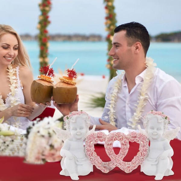 Sæt med 2 Valentinsdags-pynt - Engle med hjerte og rose - Kunsthåndværk i harpiks til Valentinsdag - Til kvinder, mænd og par