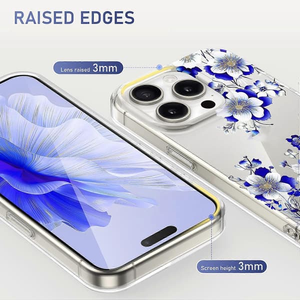 Blomstermønstret telefondeksel til iPhone 15 Pro PC + TPU Transparent deksel